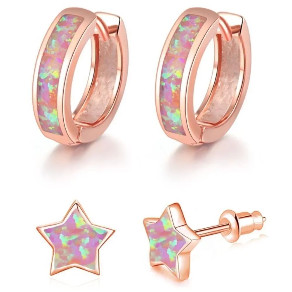 14K Rose Gold with Genuine Pink Fire Opal Huggie and Star Stud Earrings Set of 2